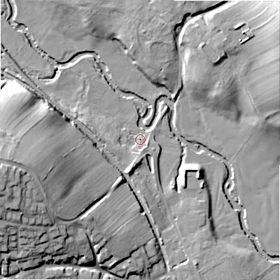 Shaded relief map of the ground around ST145DG, computed from Environment Agency LiDAR. The ground here sits at about 90 m above sea level and falls 28 m across the surrounding 800 m. Surface water reaching this point runs off ground lying to the south-south-west, 6.8 m higher.