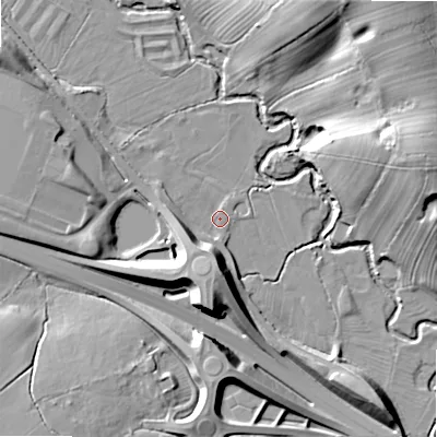 Shaded relief map of the ground around ST145DT, computed from Environment Agency LiDAR. The ground here sits at about 91 m above sea level and falls 34 m across the surrounding 800 m. Surface water reaching this point runs off ground lying to the south, 9.7 m higher.
