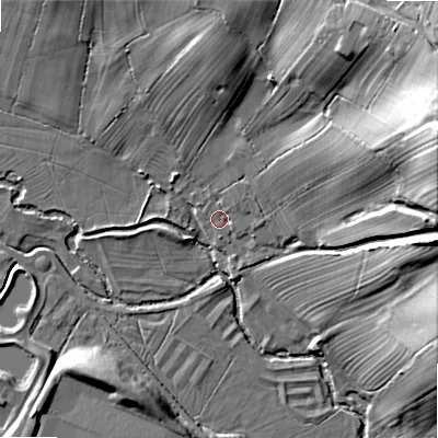 Shaded relief map of the ground around ST145DU, computed from Environment Agency LiDAR. The ground here sits at about 95 m above sea level and falls 37 m across the surrounding 800 m. Surface water reaching this point runs off ground lying to the east-north-east, 31.7 m higher.