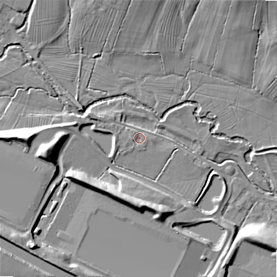 Shaded relief map of the ground around ST145DY, computed from Environment Agency LiDAR. The ground here sits at about 97 m above sea level and falls 19 m across the surrounding 800 m. Surface water reaching this point runs off ground lying to the west, 3.9 m higher.