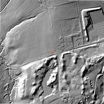 Shaded relief map of the ground around ST145HY, computed from Environment Agency LiDAR. The ground here sits at about 112 m above sea level and falls 30 m across the surrounding 800 m. Surface water reaching this point runs off ground lying to the north-north-east, 3.2 m higher.