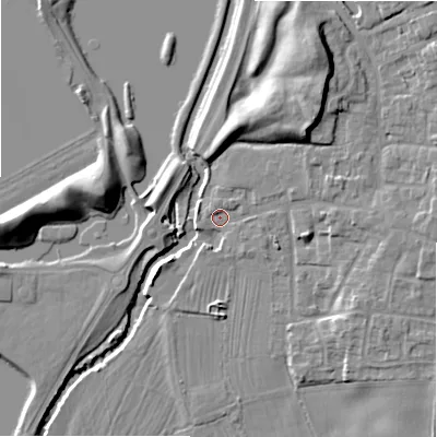 Shaded relief map of the ground around ST145JT, computed from Environment Agency LiDAR. The ground here sits at about 86 m above sea level and falls 13 m across the surrounding 800 m. Surface water reaching this point runs off ground lying to the north-east, 9.1 m higher.