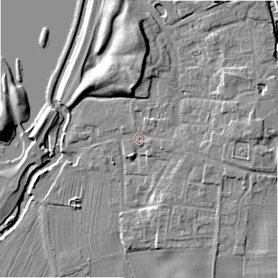 Shaded relief map of the ground around ST145JU, computed from Environment Agency LiDAR. The ground here sits at about 87 m above sea level and falls 13 m across the surrounding 800 m. Surface water reaching this point runs off ground lying to the north, 7.1 m higher.