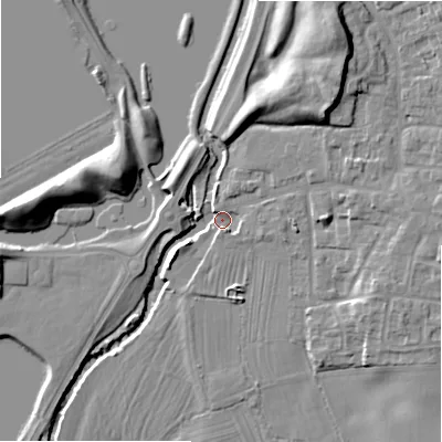 Shaded relief map of the ground around ST145JW, computed from Environment Agency LiDAR. The ground here sits at about 85 m above sea level and falls 13 m across the surrounding 800 m. Surface water reaching this point runs off ground lying to the north-east, 10.0 m higher.