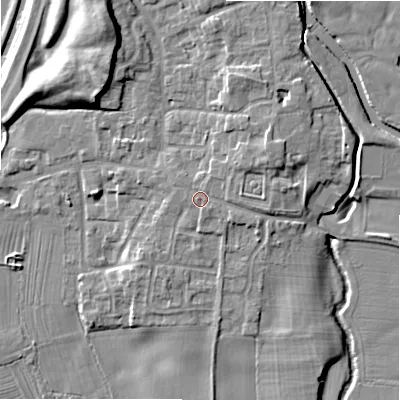 Shaded relief map of the ground around ST145JX, computed from Environment Agency LiDAR. The ground here sits at about 89 m above sea level and falls 12 m across the surrounding 800 m. Surface water reaching this point runs off ground lying to the east-north-east, 2.8 m higher.