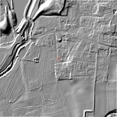 Shaded relief map of the ground around ST145LH, computed from Environment Agency LiDAR. The ground here sits at about 86 m above sea level and falls 12 m across the surrounding 800 m. Surface water reaching this point runs off ground lying to the east, 3.8 m higher.