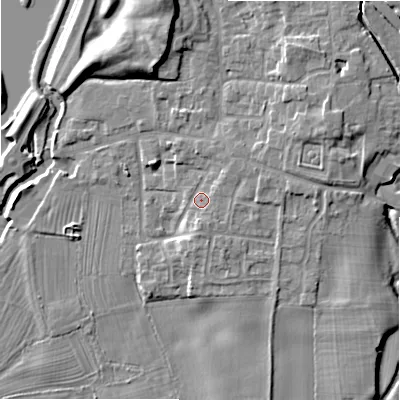 Shaded relief map of the ground around ST145LL, computed from Environment Agency LiDAR. The ground here sits at about 88 m above sea level and falls 13 m across the surrounding 800 m. Surface water reaching this point runs off ground lying to the east-north-east, 2.6 m higher.