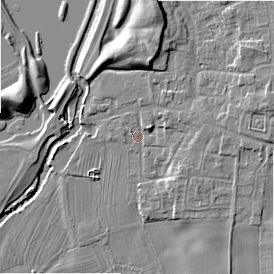 Shaded relief map of the ground around ST145LR, computed from Environment Agency LiDAR. The ground here sits at about 86 m above sea level and falls 13 m across the surrounding 800 m. Surface water reaching this point runs off ground lying to the north-east, 2.7 m higher.