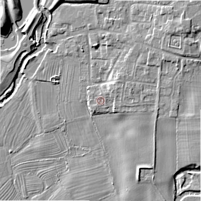 Shaded relief map of the ground around ST145LY, computed from Environment Agency LiDAR. The ground here sits at about 87 m above sea level and falls 11 m across the surrounding 800 m. Surface water reaching this point runs off ground lying to the north-east, 1.2 m higher.