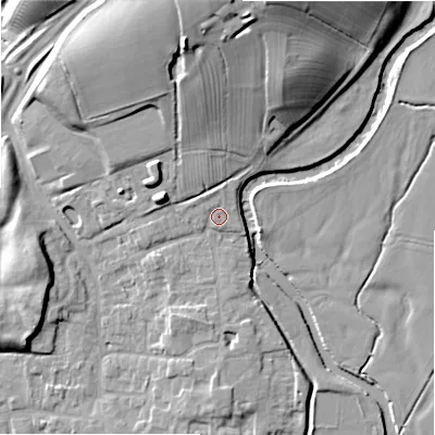 Shaded relief map of the ground around ST145NA, computed from Environment Agency LiDAR. The ground here sits at about 90 m above sea level and falls 23 m across the surrounding 800 m. Surface water reaching this point runs off ground lying to the north-north-west, 1.8 m higher.