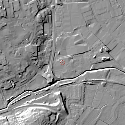 Shaded relief map of the ground around ST148AT, computed from Environment Agency LiDAR. The ground here sits at about 78 m above sea level and falls 18 m across the surrounding 800 m. Surface water reaching this point runs off ground lying to the south-west, 3.6 m higher.