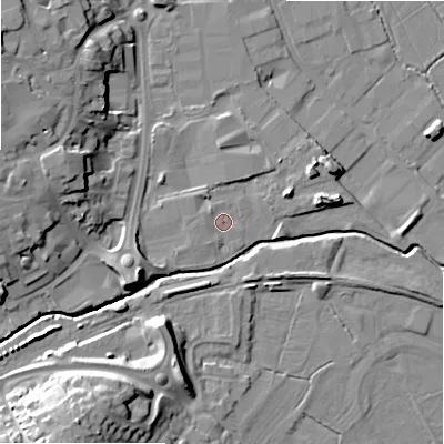 Shaded relief map of the ground around ST148AU, computed from Environment Agency LiDAR. The ground here sits at about 77 m above sea level and falls 19 m across the surrounding 800 m. Surface water reaching this point runs off ground lying to the west, 1.0 m higher.
