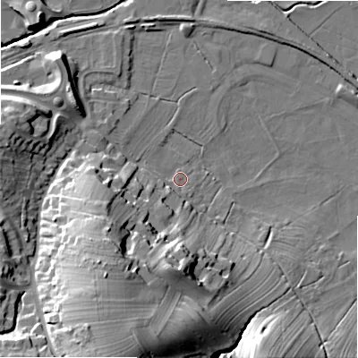 Shaded relief map of the ground around ST148BD, computed from Environment Agency LiDAR. The ground here sits at about 77 m above sea level and falls 33 m across the surrounding 800 m. Surface water reaching this point runs off ground lying to the south-west, 23.6 m higher.