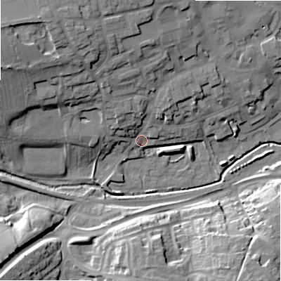 Shaded relief map of the ground around ST148DD, computed from Environment Agency LiDAR. The ground here sits at about 83 m above sea level and falls 24 m across the surrounding 800 m. Surface water reaching this point runs off ground lying to the north-north-west, 14.4 m higher.