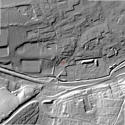 Shaded relief map of the ground around ST148DT, computed from Environment Agency LiDAR. The ground here sits at about 82 m above sea level and falls 24 m across the surrounding 800 m. Surface water reaching this point runs off ground lying to the north-west, 20.3 m higher.