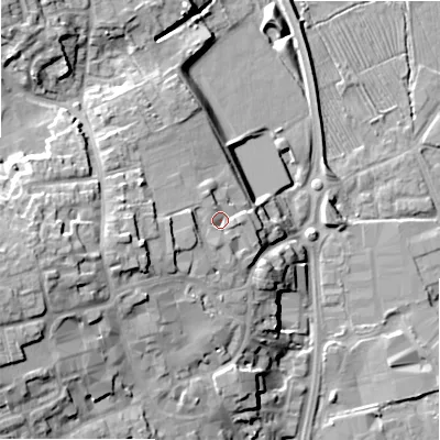 Shaded relief map of the ground around ST148DU, computed from Environment Agency LiDAR. The ground here sits at about 85 m above sea level and falls 22 m across the surrounding 800 m. Surface water reaching this point runs off ground lying to the west-south-west, 3.6 m higher.