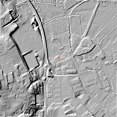 Shaded relief map of the ground around ST148EB, computed from Environment Agency LiDAR. The ground here sits at about 76 m above sea level and falls 17 m across the surrounding 800 m. Surface water reaching this point runs off ground lying to the south-east, 0.7 m higher.