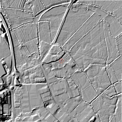 Shaded relief map of the ground around ST148EH, computed from Environment Agency LiDAR. The ground here sits at about 76 m above sea level and falls 11 m across the surrounding 800 m. Surface water reaching this point runs off ground lying to the north-north-west, 1.7 m higher.