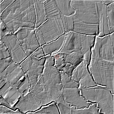 Shaded relief map of the ground around ST148EJ, computed from Environment Agency LiDAR. The ground here sits at about 74 m above sea level and falls 6 m across the surrounding 800 m. Surface water reaching this point runs off ground lying to the west-north-west, 2.6 m higher.