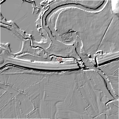 Shaded relief map of the ground around ST148EN, computed from Environment Agency LiDAR. The ground here sits at about 76 m above sea level and falls 14 m across the surrounding 800 m. Surface water reaching this point runs off ground lying to the south-west, 5.1 m higher.
