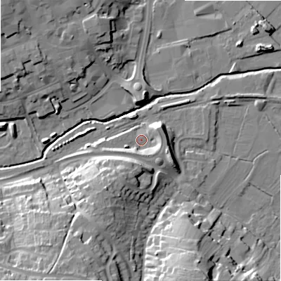 Shaded relief map of the ground around ST148FH, computed from Environment Agency LiDAR. The ground here sits at about 80 m above sea level and falls 25 m across the surrounding 800 m. Surface water reaching this point runs off ground lying to the east-north-east, 5.6 m higher.