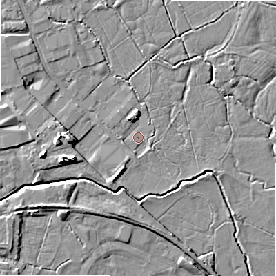 Shaded relief map of the ground around ST148GB, computed from Environment Agency LiDAR. The ground here sits at about 74 m above sea level and falls 8 m across the surrounding 800 m. Surface water reaching this point runs off ground lying to the south-south-west, 0.9 m higher.