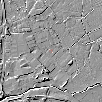 Shaded relief map of the ground around ST148HU, computed from Environment Agency LiDAR. The ground here sits at about 75 m above sea level and falls 10 m across the surrounding 800 m. The ground contributing surface water to this point lies to the west-north-west.
