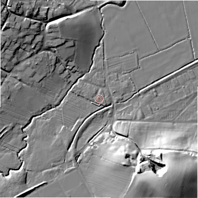 Shaded relief map of the ground around ST148NQ, computed from Environment Agency LiDAR. The ground here sits at about 69 m above sea level and falls 31 m across the surrounding 800 m. Surface water reaching this point runs off ground lying to the north-east, 0.8 m higher.