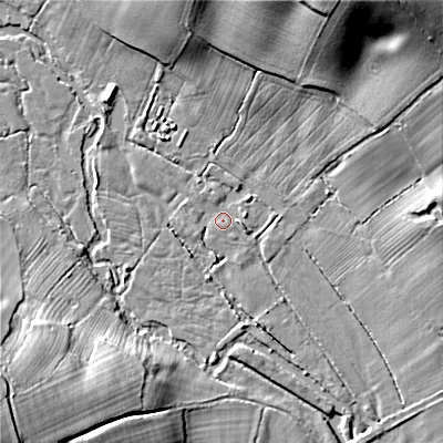 Shaded relief map of the ground around ST148RZ, computed from Environment Agency LiDAR. The ground here sits at about 117 m above sea level and falls 30 m across the surrounding 800 m. Surface water reaching this point runs off ground lying to the north-north-east, 26.1 m higher.