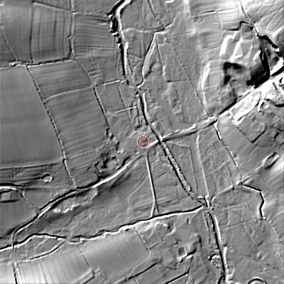 Shaded relief map of the ground around ST148SG, computed from Environment Agency LiDAR. The ground here sits at about 125 m above sea level and falls 25 m across the surrounding 800 m. Surface water reaching this point runs off ground lying to the east, 1.2 m higher.