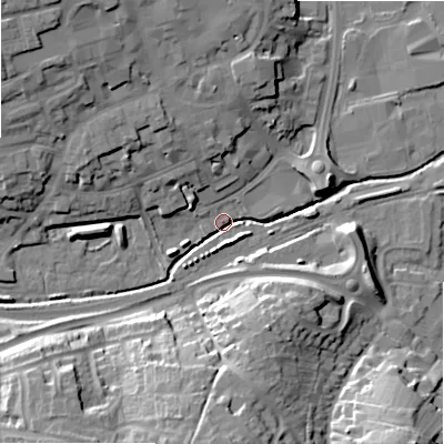 Shaded relief map of the ground around ST148SP, computed from Environment Agency LiDAR. The ground here sits at about 79 m above sea level and falls 23 m across the surrounding 800 m. Surface water reaching this point runs off ground lying to the south, 21.7 m higher.