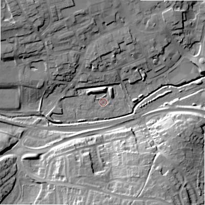 Shaded relief map of the ground around ST148TL, computed from Environment Agency LiDAR. The ground here sits at about 79 m above sea level and falls 24 m across the surrounding 800 m. Surface water reaching this point runs off ground lying to the north-west, 6.0 m higher.