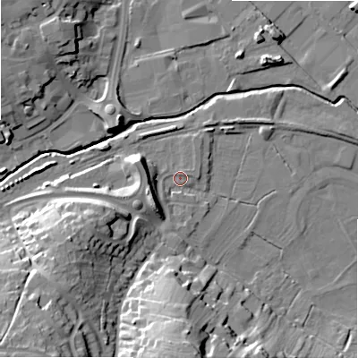 Shaded relief map of the ground around ST148XF, computed from Environment Agency LiDAR. The ground here sits at about 78 m above sea level and falls 26 m across the surrounding 800 m. Surface water reaching this point runs off ground lying to the south-west, 7.8 m higher.