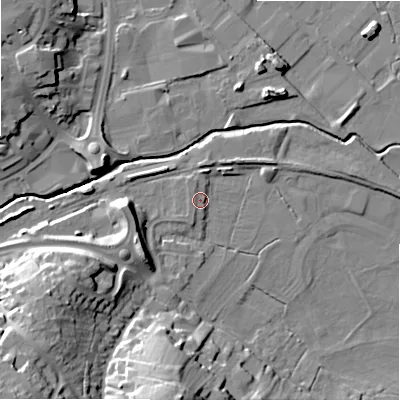 Shaded relief map of the ground around ST148XG, computed from Environment Agency LiDAR. The ground here sits at about 78 m above sea level and falls 25 m across the surrounding 800 m. Surface water reaching this point runs off ground lying to the north-north-west, 1.8 m higher.