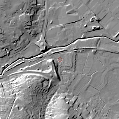 Shaded relief map of the ground around ST148XH, computed from Environment Agency LiDAR. The ground here sits at about 78 m above sea level and falls 25 m across the surrounding 800 m. Surface water reaching this point runs off ground lying to the west-south-west, 7.2 m higher.