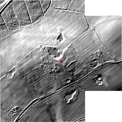 Shaded relief map of the ground around ST150BF, computed from Environment Agency LiDAR. The ground here sits at about 113 m above sea level and falls 18 m across the surrounding 800 m. Surface water reaching this point runs off ground lying to the east-north-east, 1.3 m higher.