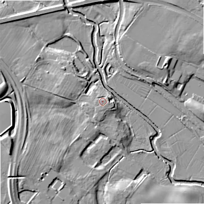 Shaded relief map of the ground around ST150BJ, computed from Environment Agency LiDAR. The ground here sits at about 87 m above sea level and falls 12 m across the surrounding 800 m. Surface water reaching this point runs off ground lying to the east-south-east, 1.5 m higher.