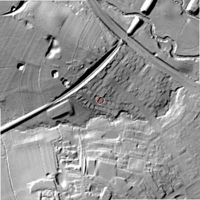 Shaded relief map of the ground around ST150DX, computed from Environment Agency LiDAR. The ground here sits at about 94 m above sea level and falls 31 m across the surrounding 800 m. Surface water reaching this point runs off ground lying to the north, 5.1 m higher.