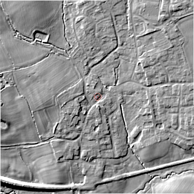 Shaded relief map of the ground around ST150NJ, computed from Environment Agency LiDAR. The ground here sits at about 100 m above sea level and falls 14 m across the surrounding 800 m. Surface water reaching this point runs off ground lying to the west, 4.7 m higher.