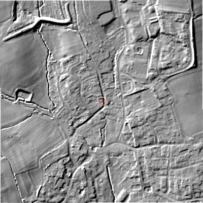 Shaded relief map of the ground around ST150NP, computed from Environment Agency LiDAR. The ground here sits at about 102 m above sea level and falls 15 m across the surrounding 800 m. Surface water reaching this point runs off ground lying to the north-east, 9.7 m higher.