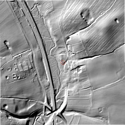 Shaded relief map of the ground around ST150NZ, computed from Environment Agency LiDAR. The ground here sits at about 85 m above sea level and falls 29 m across the surrounding 800 m. Surface water reaching this point runs off ground lying to the north-east, 25.2 m higher.