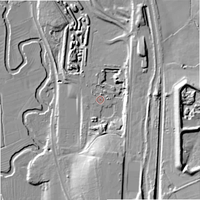 Shaded relief map of the ground around ST150PP, computed from Environment Agency LiDAR. The ground here sits at about 97 m above sea level and falls 32 m across the surrounding 800 m. The ground contributing surface water to this point lies to the west.