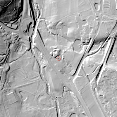 Shaded relief map of the ground around ST150PX, computed from Environment Agency LiDAR. The ground here sits at about 91 m above sea level and falls 56 m across the surrounding 800 m. Surface water reaching this point runs off ground lying to the east-north-east, 4.8 m higher.