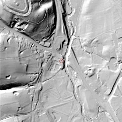 Shaded relief map of the ground around ST150PY, computed from Environment Agency LiDAR. The ground here sits at about 92 m above sea level and falls 68 m across the surrounding 800 m. Surface water reaching this point runs off ground lying to the north-west, 66.7 m higher.