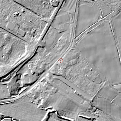 Shaded relief map of the ground around ST150QN, computed from Environment Agency LiDAR. The ground here sits at about 106 m above sea level and falls 22 m across the surrounding 800 m. Surface water reaching this point runs off ground lying to the north-east, 2.7 m higher.