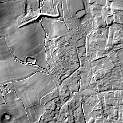 Shaded relief map of the ground around ST150RP, computed from Environment Agency LiDAR. The ground here sits at about 102 m above sea level and falls 14 m across the surrounding 800 m. Surface water reaching this point runs off ground lying to the north, 3.2 m higher.