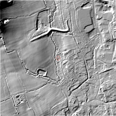 Shaded relief map of the ground around ST150RW, computed from Environment Agency LiDAR. The ground here sits at about 102 m above sea level and falls 24 m across the surrounding 800 m. Surface water reaching this point runs off ground lying to the north-west, 5.7 m higher.