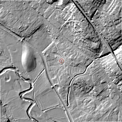 Shaded relief map of the ground around ST158FG, computed from Environment Agency LiDAR. The ground here sits at about 87 m above sea level and falls 27 m across the surrounding 800 m. Surface water reaching this point runs off ground lying to the east-north-east, 4.3 m higher.