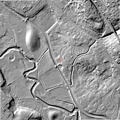 Shaded relief map of the ground around ST158FN, computed from Environment Agency LiDAR. The ground here sits at about 85 m above sea level and falls 24 m across the surrounding 800 m. Surface water reaching this point runs off ground lying to the east-north-east, 1.7 m higher.