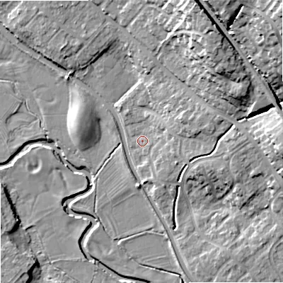 Shaded relief map of the ground around ST158GA, computed from Environment Agency LiDAR. The ground here sits at about 85 m above sea level and falls 26 m across the surrounding 800 m. Surface water reaching this point runs off ground lying to the east, 3.7 m higher.